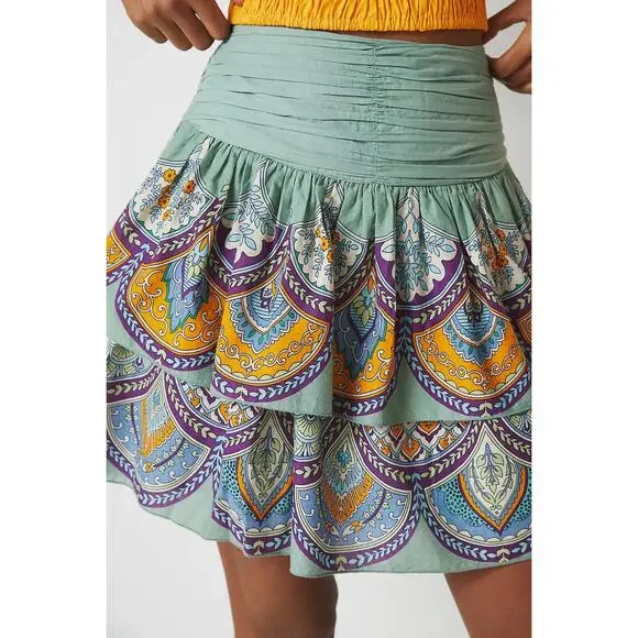 Anthropologie Let Me Be Tiered Paisley Boho Green Cotton Mini Skirt Size XS - Picture 2 of 5